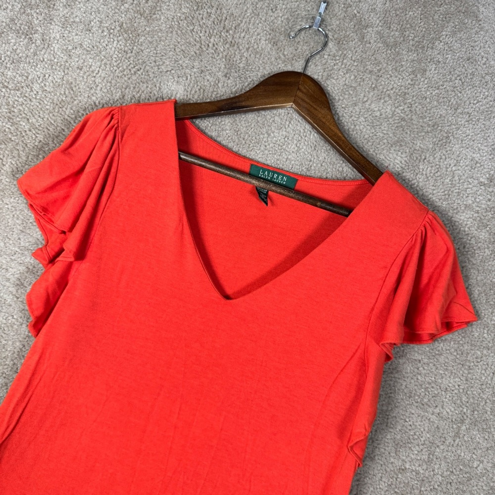 Lauren Ralph Lauren Top Women Large Orange V-Neck Flutter Sleeve Knit Shirt